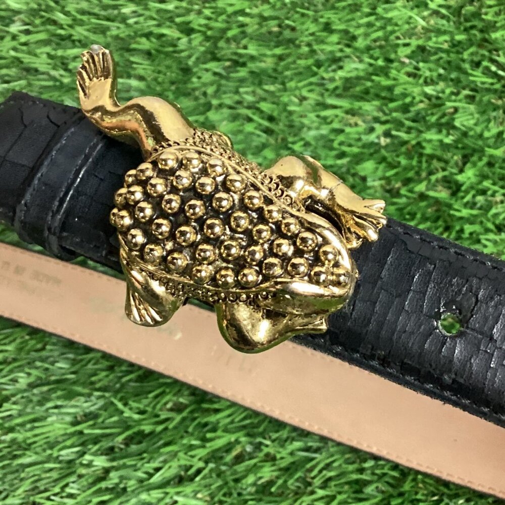 Gail Labelle Gold Frog Belt Buckle and Black Belt S